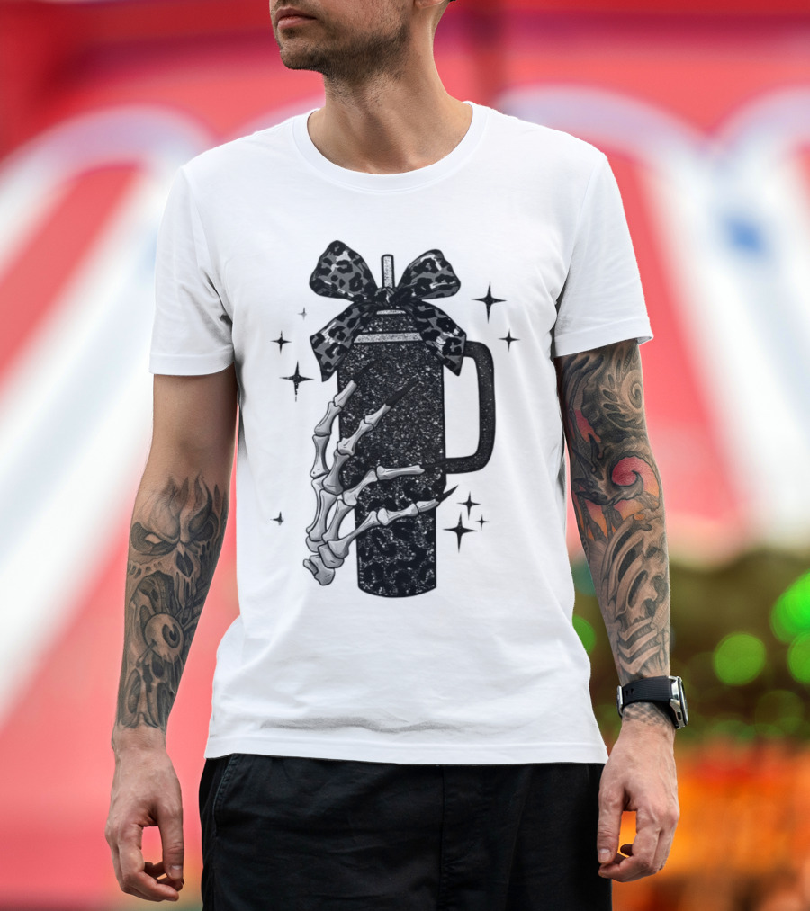 Black Skeleton Hand Coffee Cup with Bow Halloween T-Shirt
