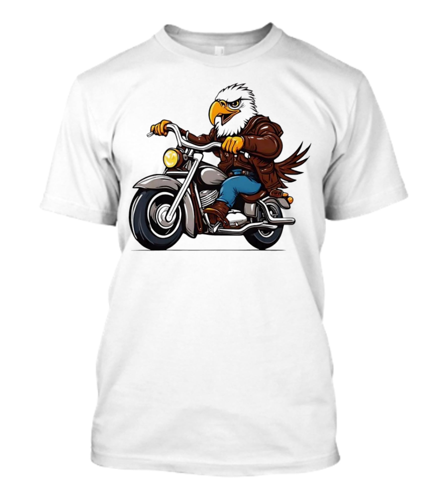 Eagle Riding Motorcycle In Brown Jacket And Blue Jeans T-Shirt