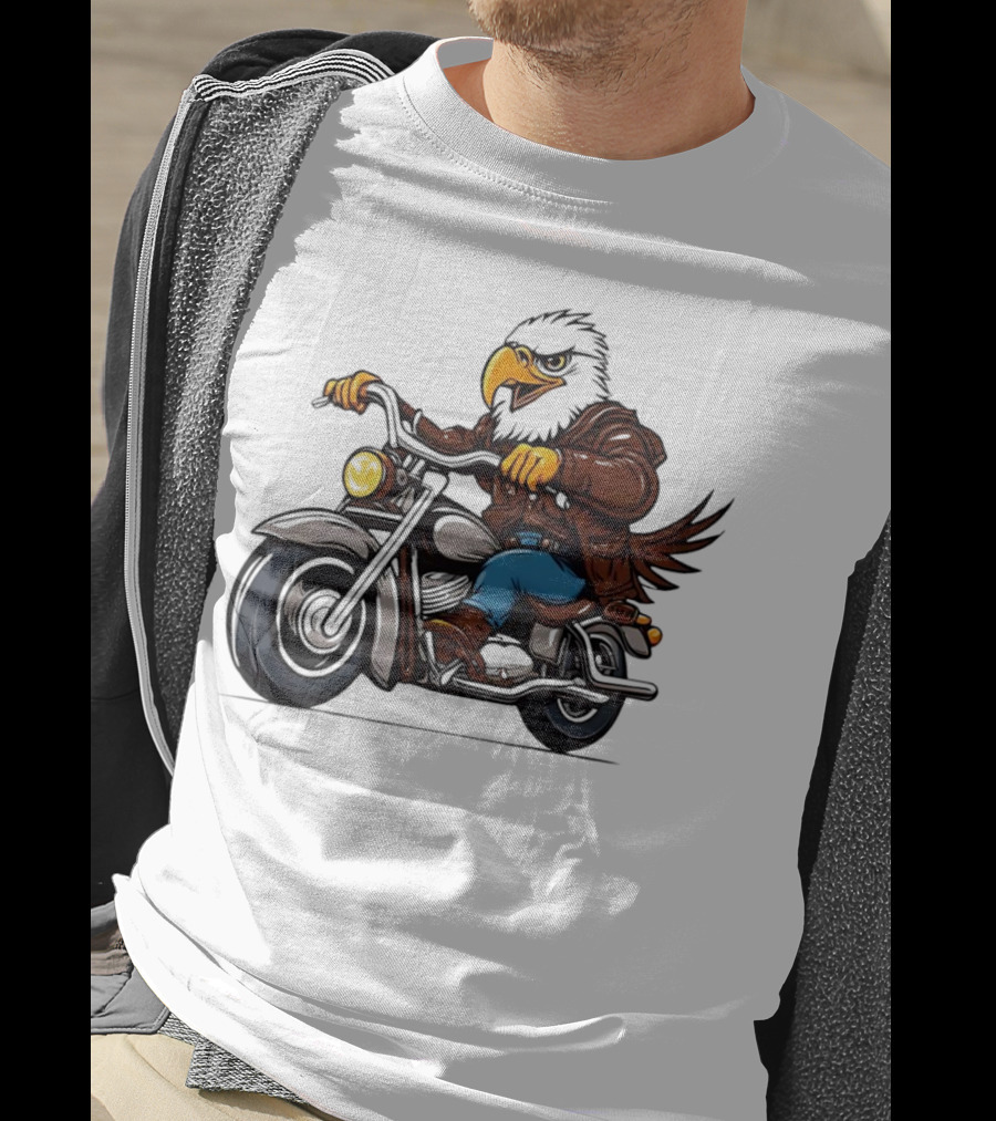 Eagle Riding Motorcycle In Brown Jacket And Blue Jeans T-Shirt