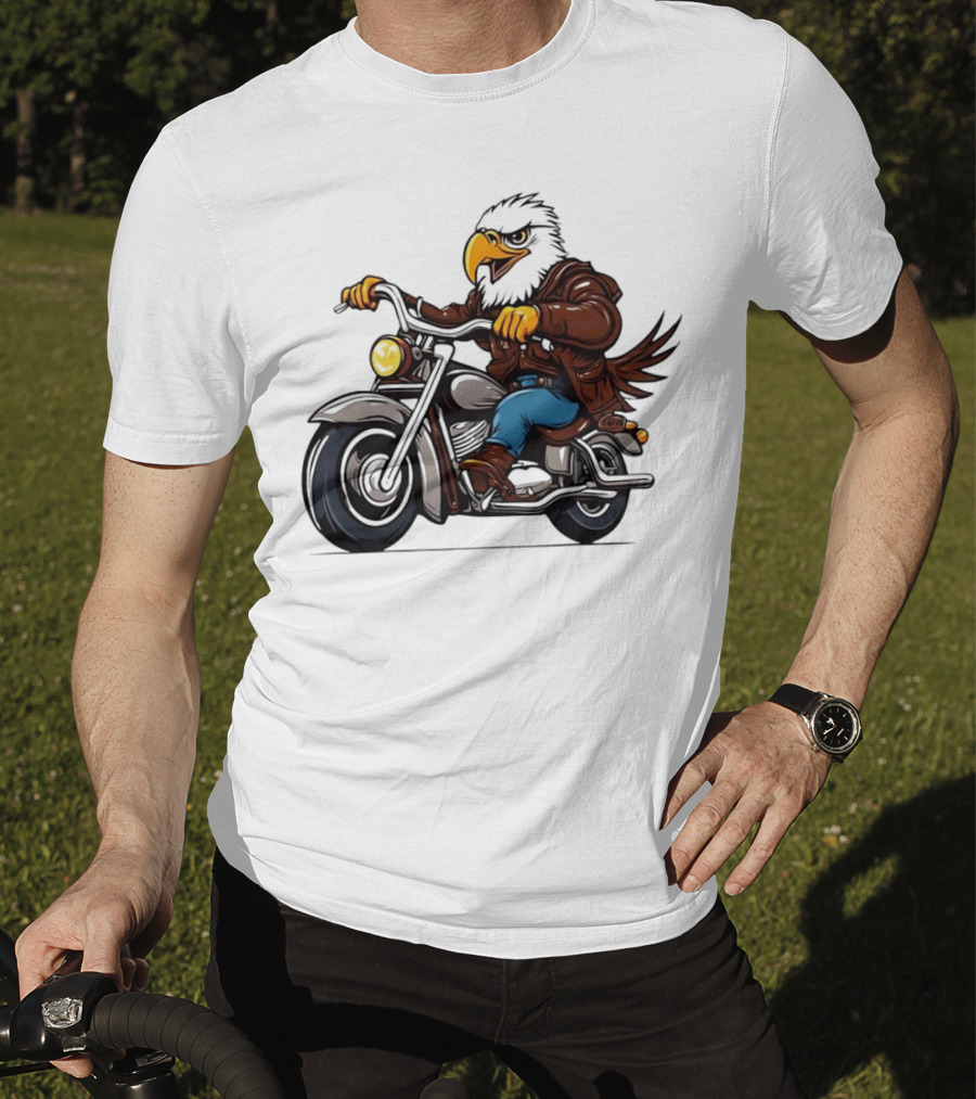 Eagle Riding Motorcycle In Brown Jacket And Blue Jeans T-Shirt