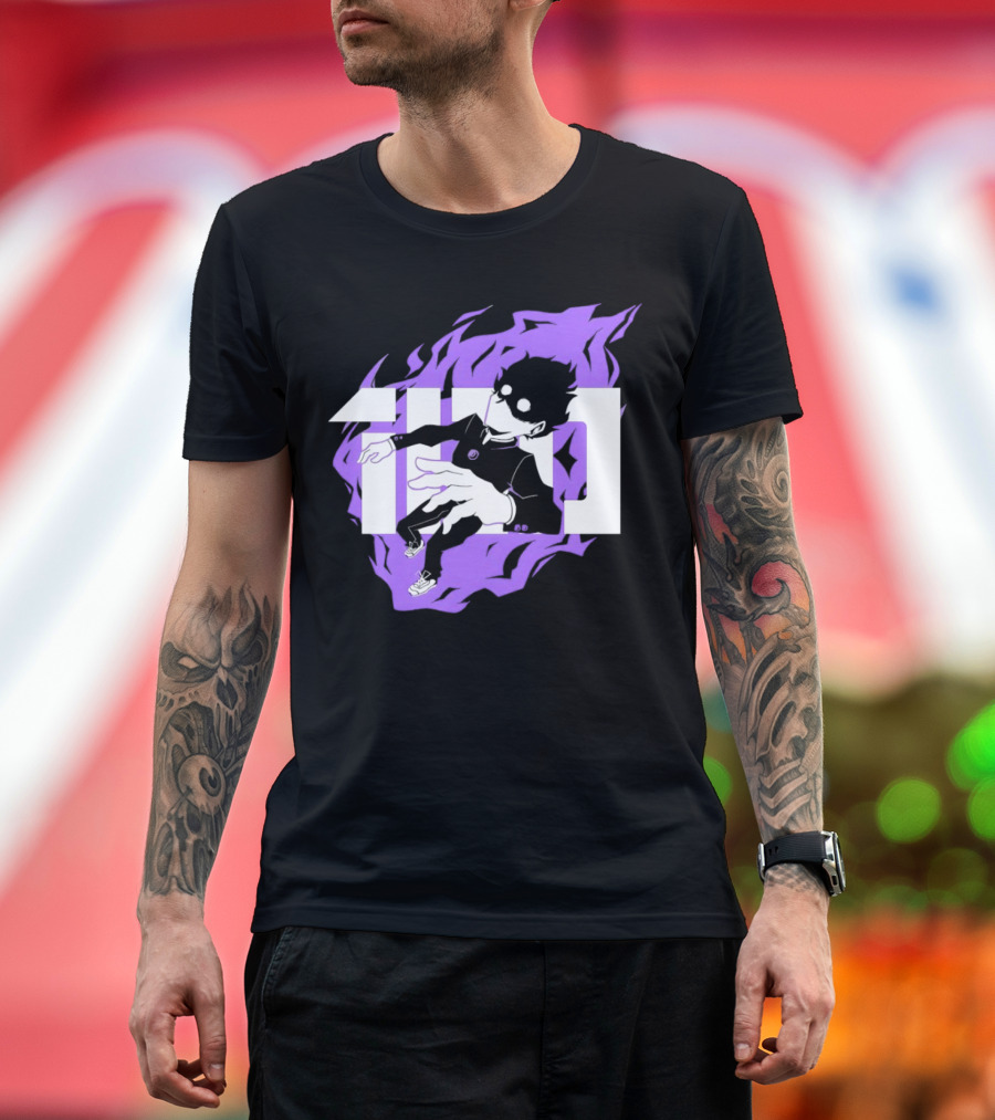 Mob Psycho 100 Psyched Out Character with Purple Aura and Bold Typography T-Shirt