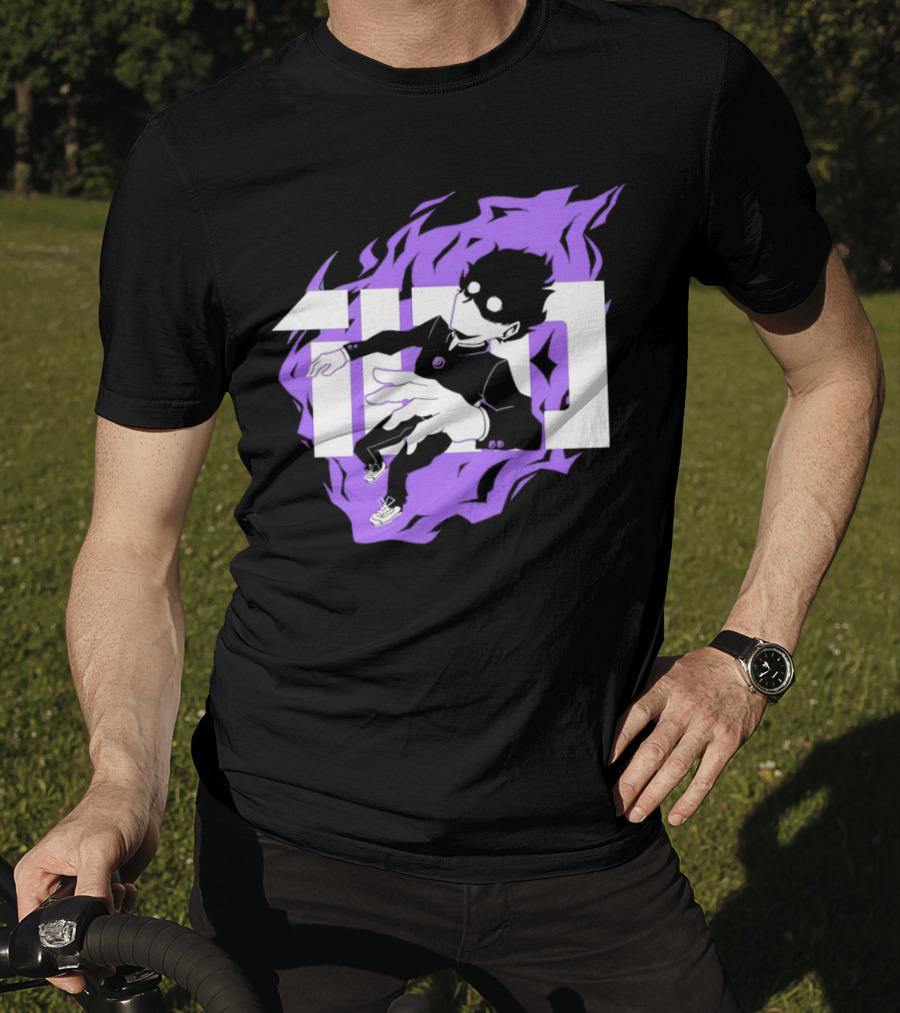 Mob Psycho 100 Psyched Out Character With Purple Aura And Bold Typography T-Shirt