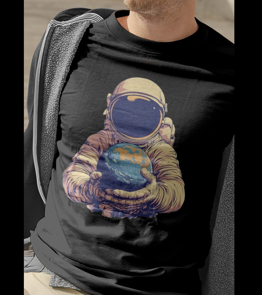 Astronaut Embracing Planet Earth Cosmic Guardians Of Home T-Shirt