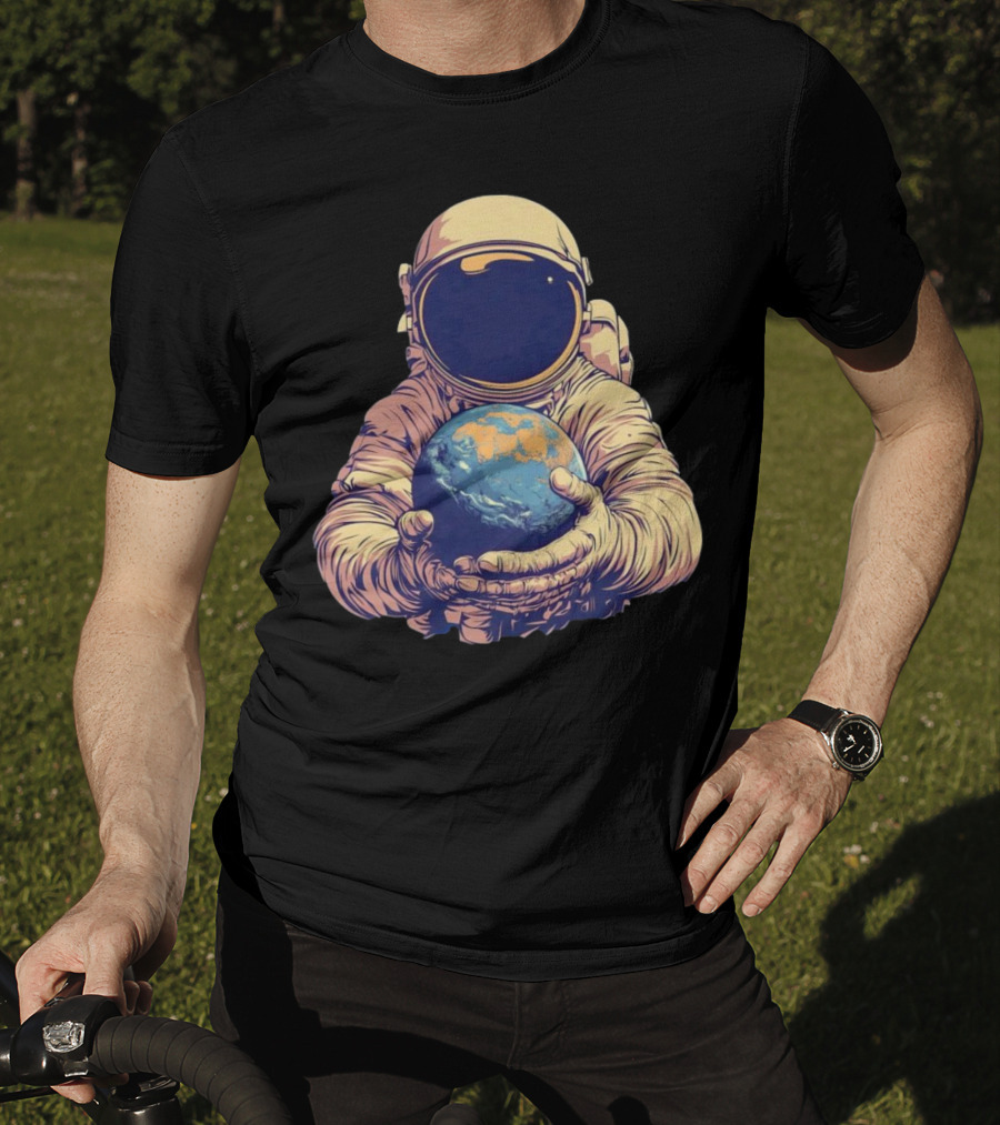 Astronaut Embracing Planet Earth Cosmic Guardians Of Home T-Shirt