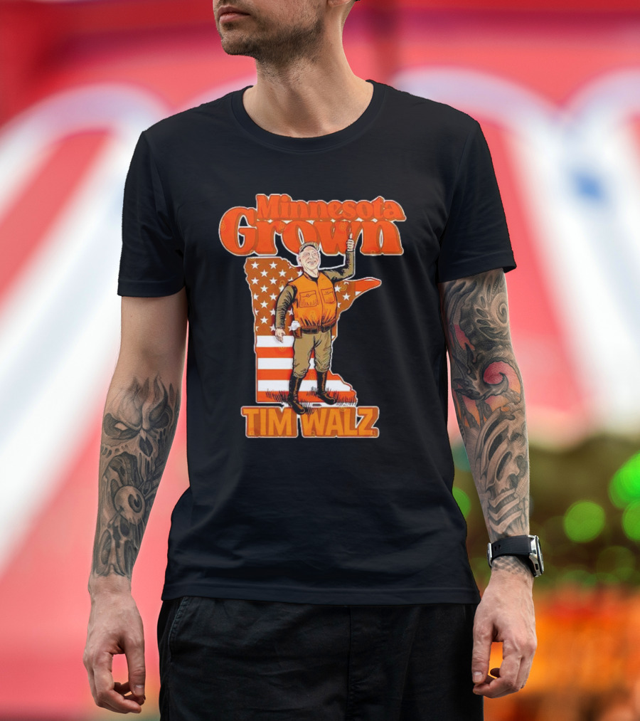 Minnesota Grown Tim Walz Thumbs Up American Flag State Outline T-Shirt