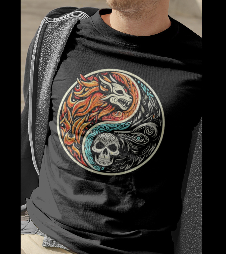 Wolf Warrior Yin Yang Skull Flame Elements T-Shirt