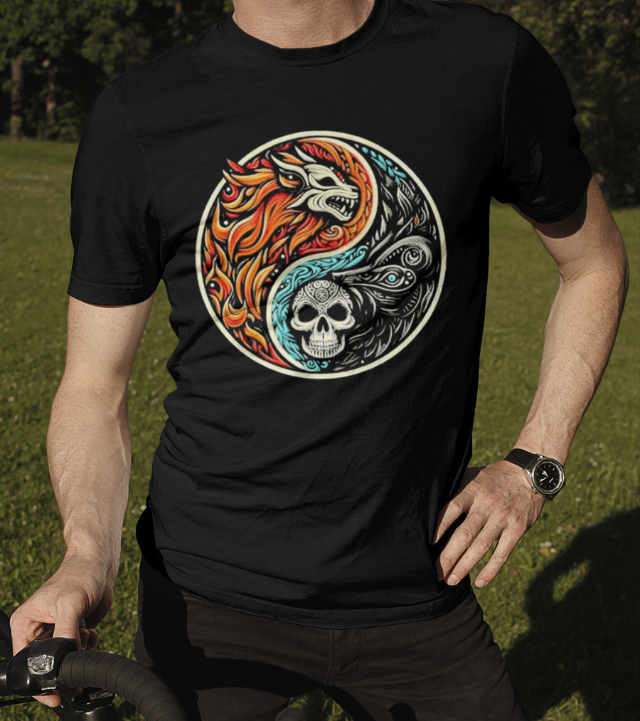 Wolf Warrior Yin Yang Skull Flame Elements T-Shirt