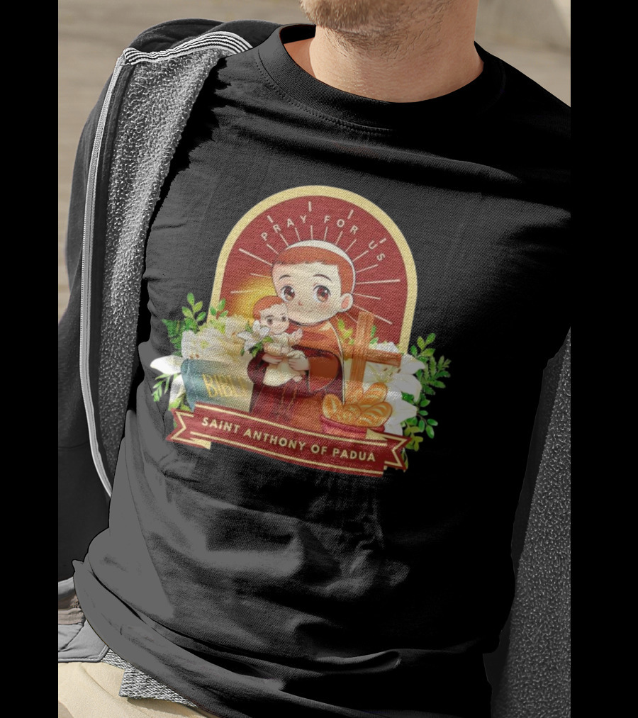 Saint Anthony Of Padua Pray For Us Cartoon With Bible And Bread T-Shirt