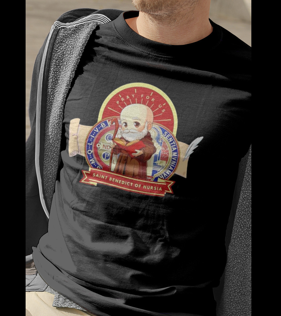 Saint Benedict Of Nursia Pray For Us Cartoon M O L I V B Senitas Munian E I V B Benedict II O S Smqlv X O P S V R S M Q L I V B P A X C S P B T-Shirt