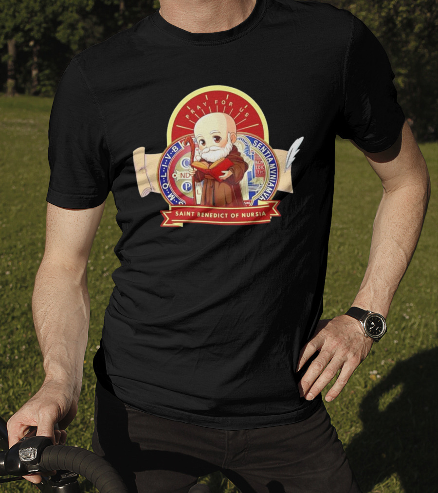 Saint Benedict Of Nursia Pray For Us Cartoon M O L I V B Senitas Munian E I V B Benedict II O S Smqlv X O P S V R S M Q L I V B P A X C S P B T-Shirt