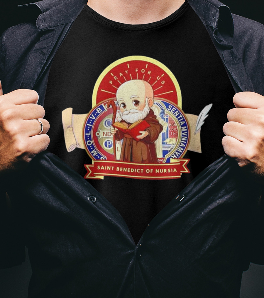 Saint Benedict Of Nursia Pray For Us Cartoon M O L I V B Senitas Munian E I V B Benedict II O S Smqlv X O P S V R S M Q L I V B P A X C S P B T-Shirt