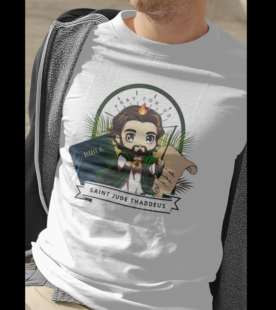 Saint Jude Thaddeus Pray For Us Cartoon Bible Scroll Flame T-Shirt