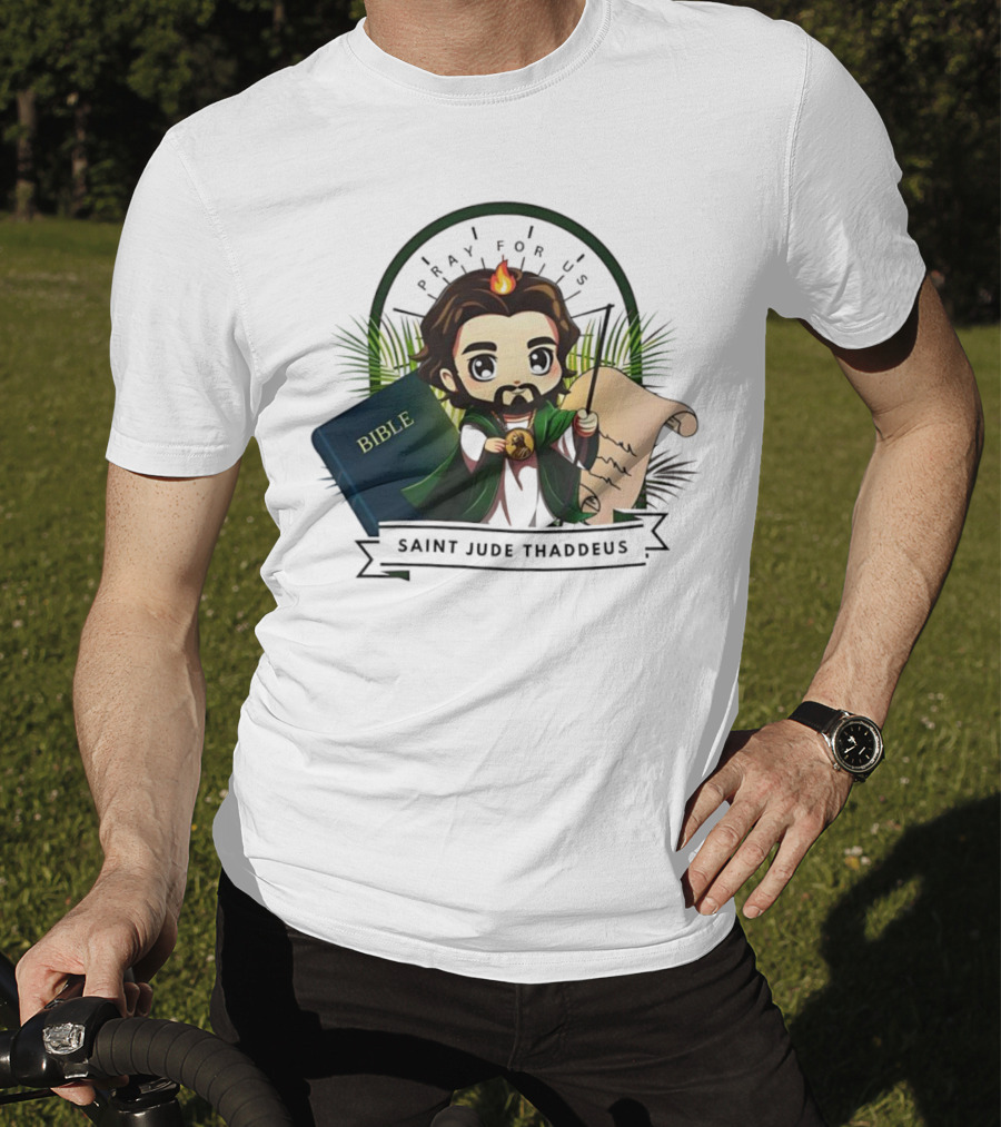 Saint Jude Thaddeus Pray For Us Cartoon Bible Scroll Flame T-Shirt