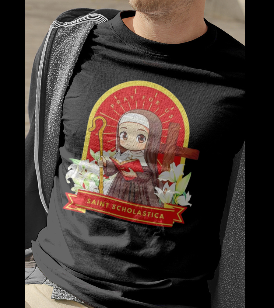 Saint Scholastica Pray For Us Cartoon Cute Nun Illustration With Cross And Flowers T-Shirt