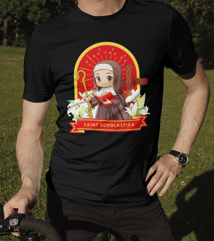 Saint Scholastica Pray For Us Cartoon Cute Nun Illustration With Cross And Flowers T-Shirt
