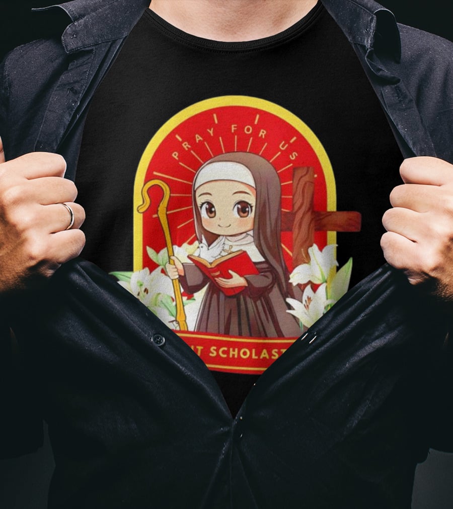 Saint Scholastica Pray For Us Cartoon Cute Nun Illustration With Cross And Flowers T-Shirt