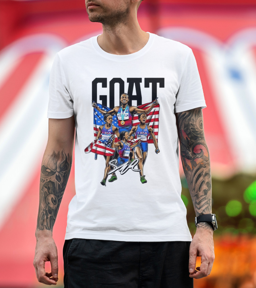 GOAT Sha’carri Richardson USA Flag Paris 2024 Signature Cartoon T-Shirt