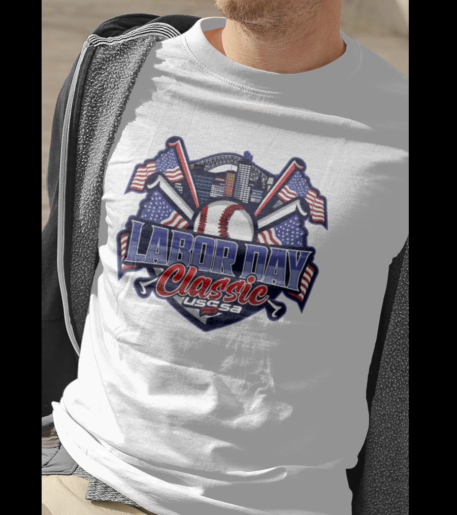 Labor Day Classic USSSA Baseball Crossed Bats And American Flag Themed Shield Logo T-Shirt