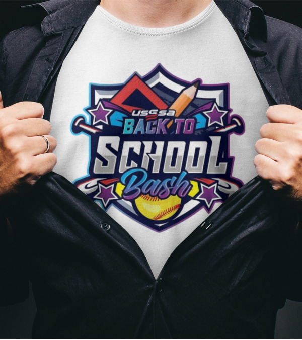 USSSA Oklahoma Fast Pitch Back To School Bash 2024 Shield With Softball And School Icons T-Shirt