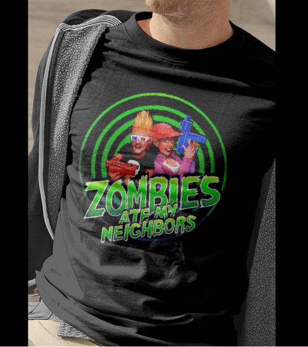 Zombies Ate My Neighbors Zombie Hunters Game Retro Style 90s Arcade Action Kids With Toy Blasters T-Shirt