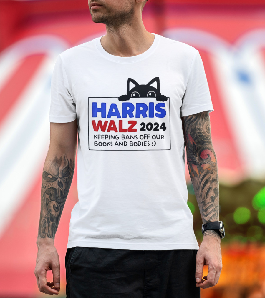 Black Cat Harris Walz 2024 Keeping Bans Off Our Books and Bodies T-Shirt