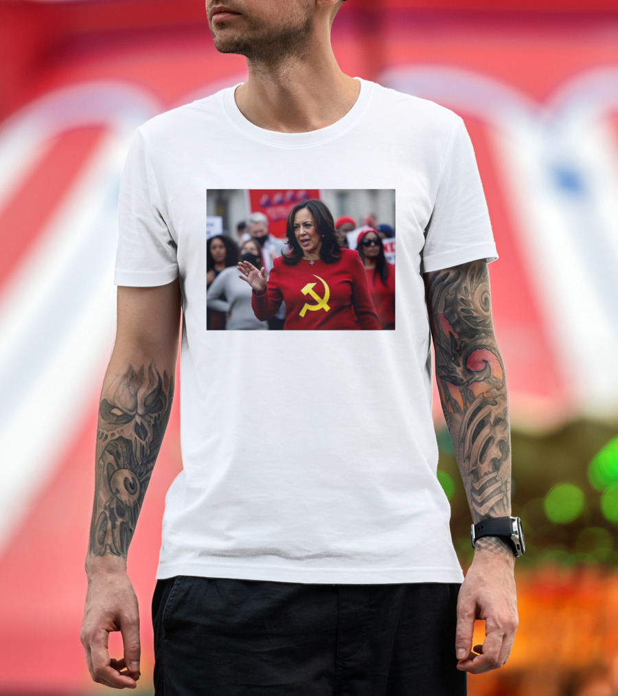 Kamala Harris Wearing Red Outfit with Yellow Hammer and Sickle T-Shirt