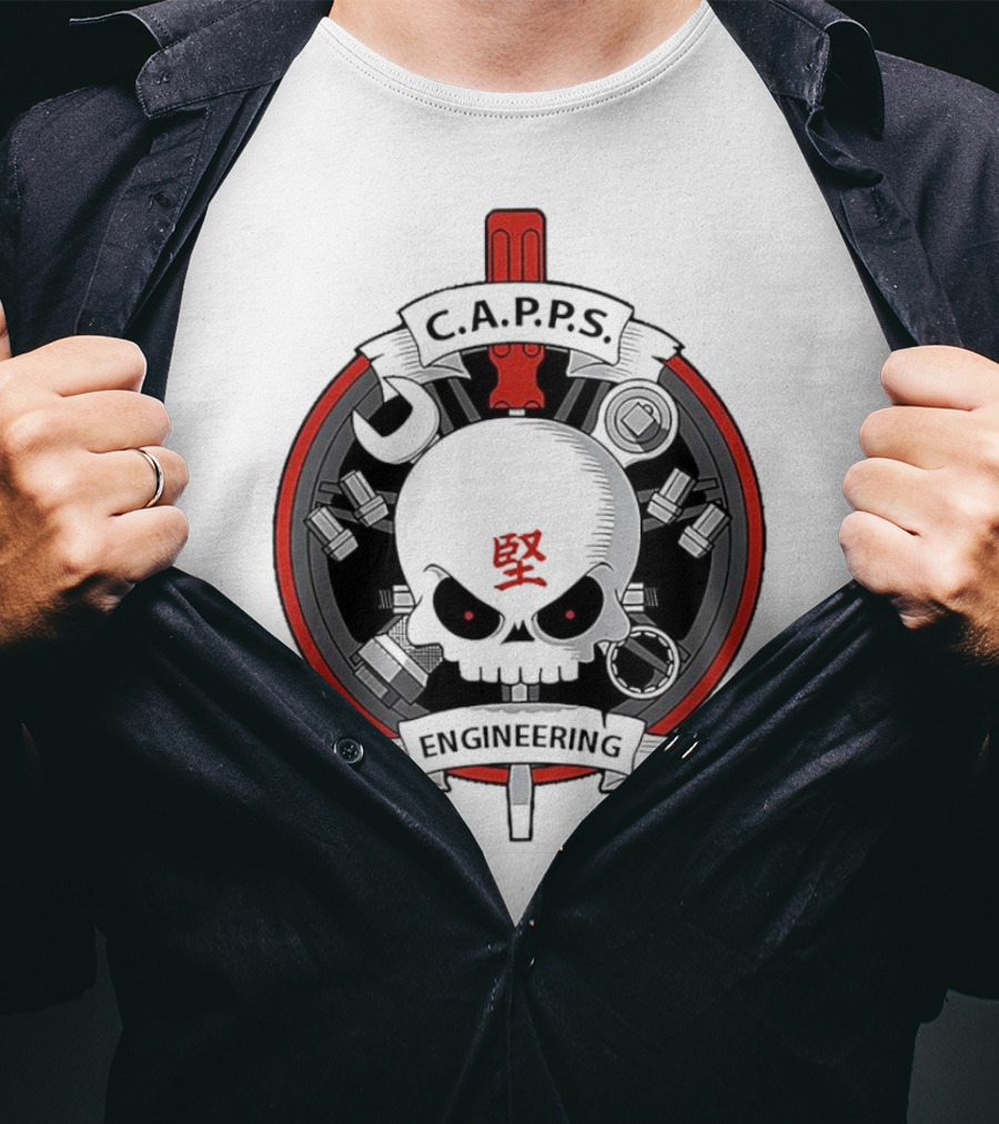 C.A.P.P.S. Engineering Skull With Tools And Red T-Shirt
