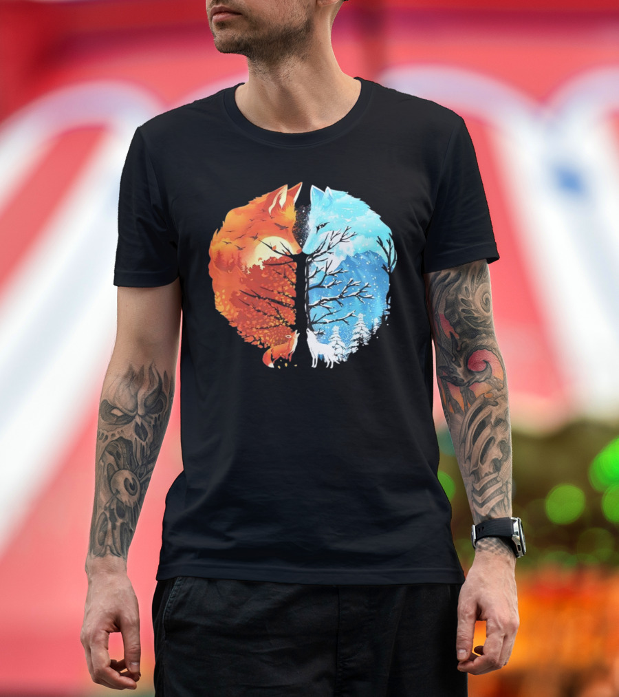 Fire And Ice Fox Dual Seasons Tree T-Shirt