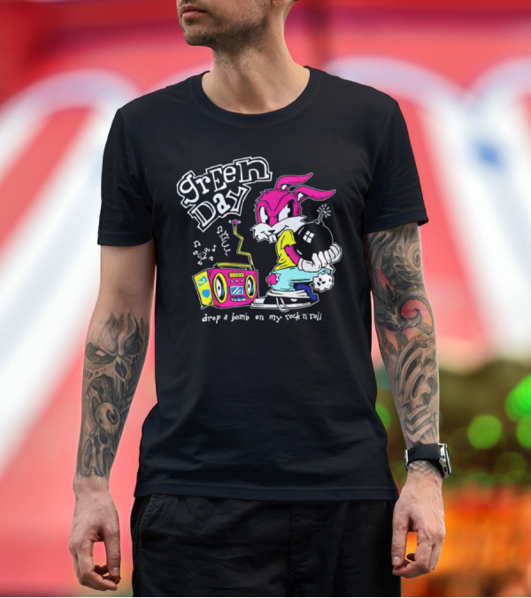 Premium T-Shirt: Green Day Drop a Bomb on My Rock ‘N’ Roll Pink Rabbit and Boombox T-Shirt Green Day Drop a Bomb on My Rock ‘N’ Roll Pink Rabbit and Boombox T-Shirt