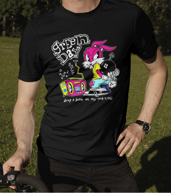 Green Day Drop A Bomb On My Rock ‘N’ Roll Pink Rabbit And Boombox T-Shirt