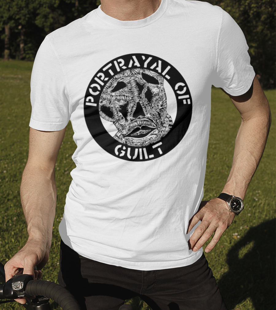 PORTRAYAL OF GUILT Circle Logo With Abstract Face T-Shirt