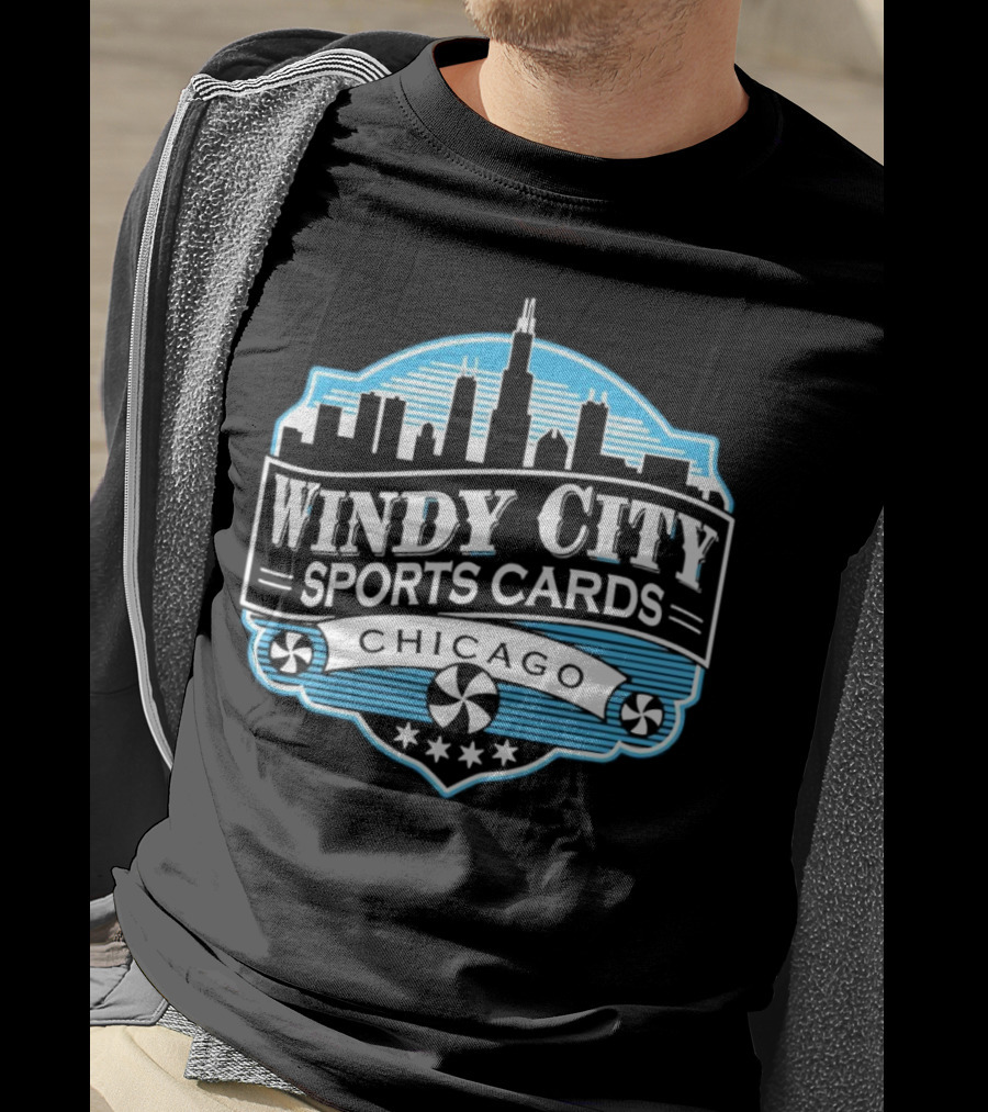 Windy City Sports Cards Chicago Skyline With Stars And Peppermint Swirls T-Shirt