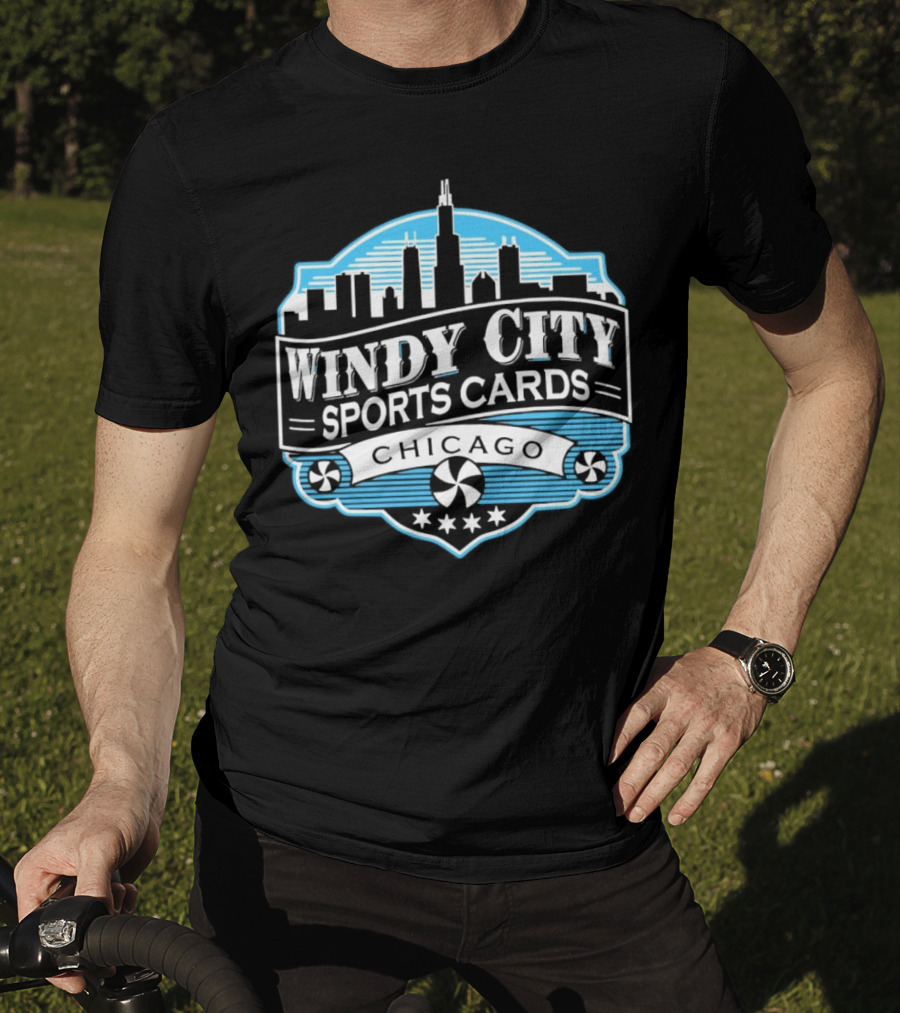 Windy City Sports Cards Chicago Skyline With Stars And Peppermint Swirls T-Shirt