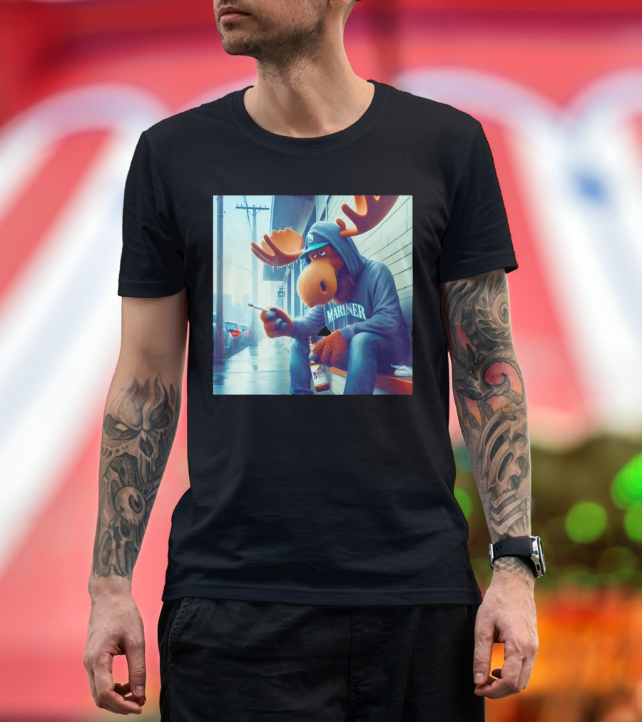 Seattle Mariners Moose Smoking Drinking Beer Street Scene T-Shirt