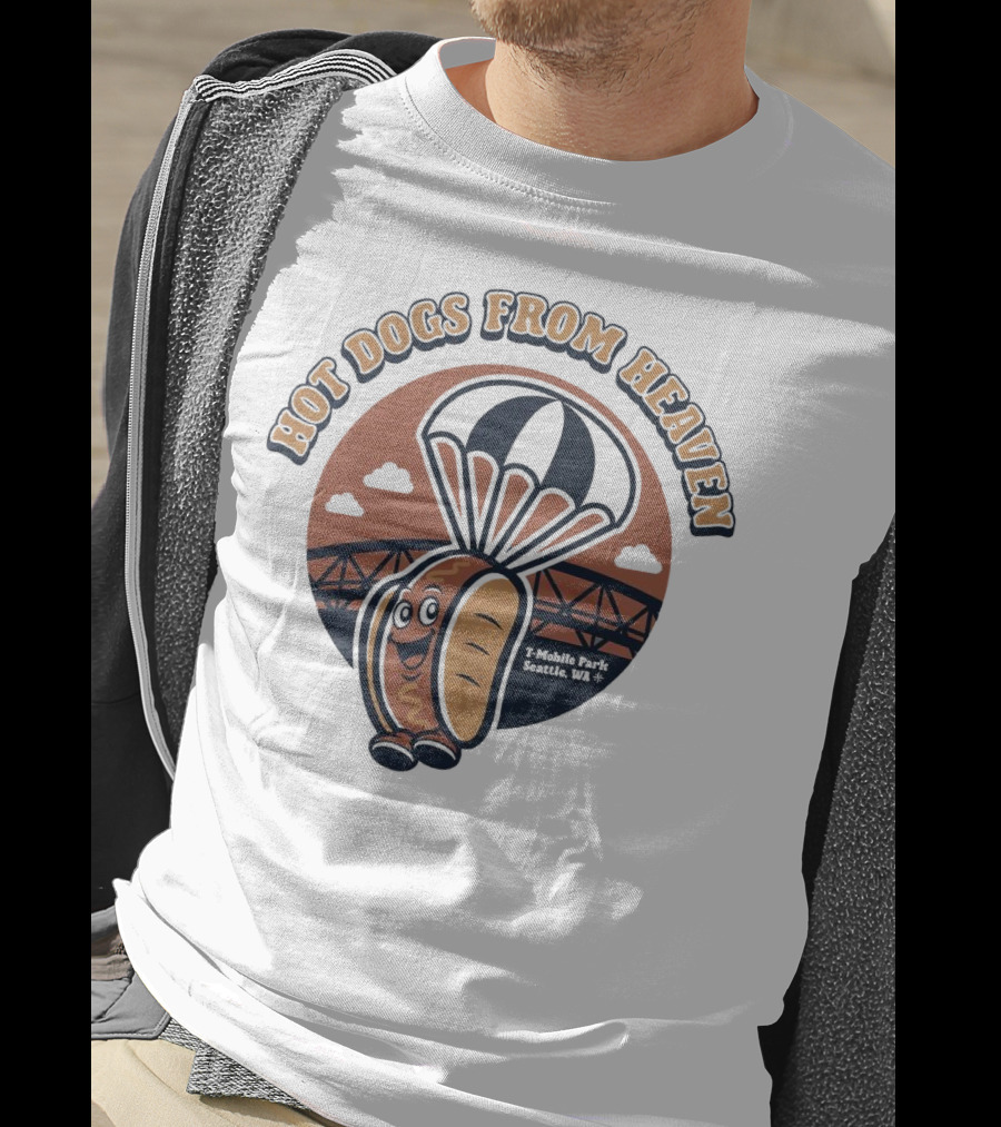 Hot Dogs From Heaven Parachuting Smiling Hot Dog Over Bridge T-Shirt