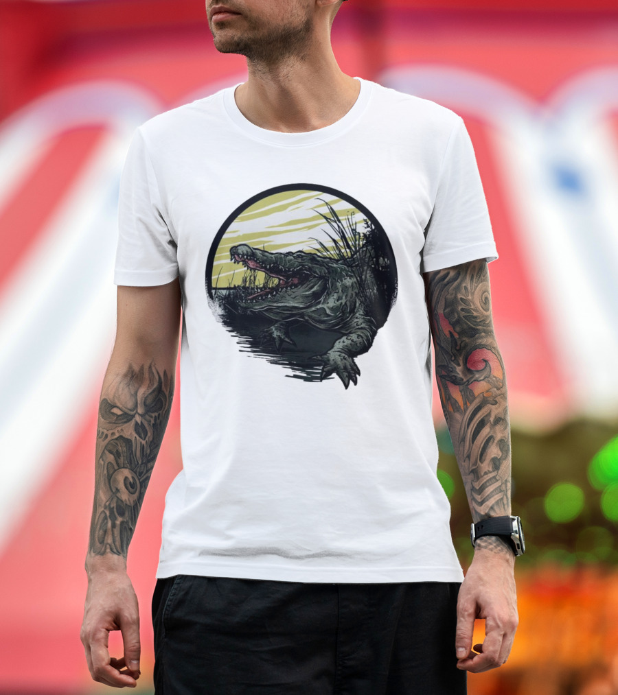 Crocodile Emerging from Water with Yellow Sky and Reeds T-Shirt
