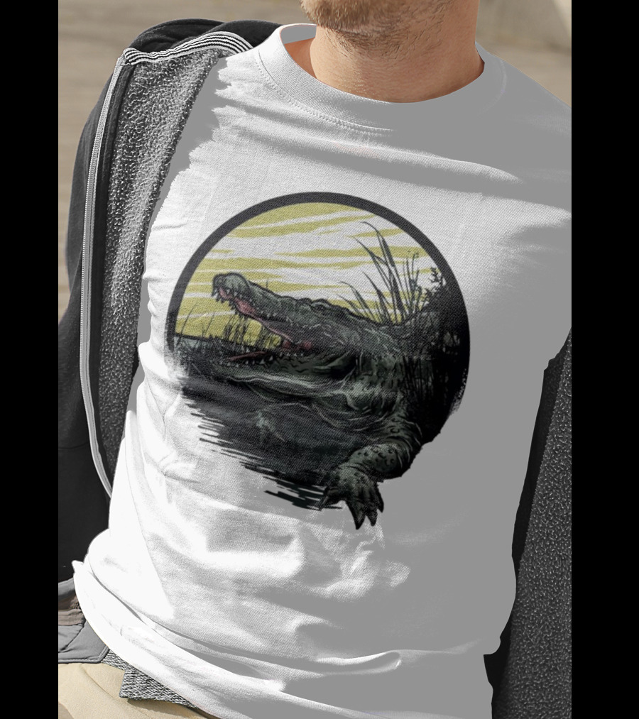Crocodile Emerging From Water With Yellow Sky And Reeds T-Shirt