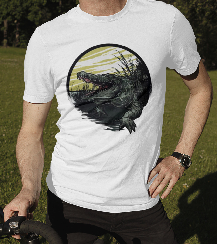 Crocodile Emerging From Water With Yellow Sky And Reeds T-Shirt