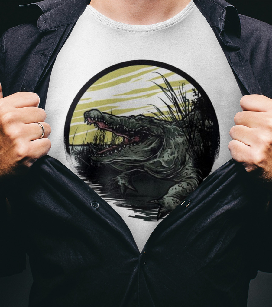 Crocodile Emerging From Water With Yellow Sky And Reeds T-Shirt