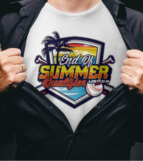 End Of Summer Qualifier USSSA South Carolina Baseball 2024 Palm Tree Beach Sunset T-Shirt