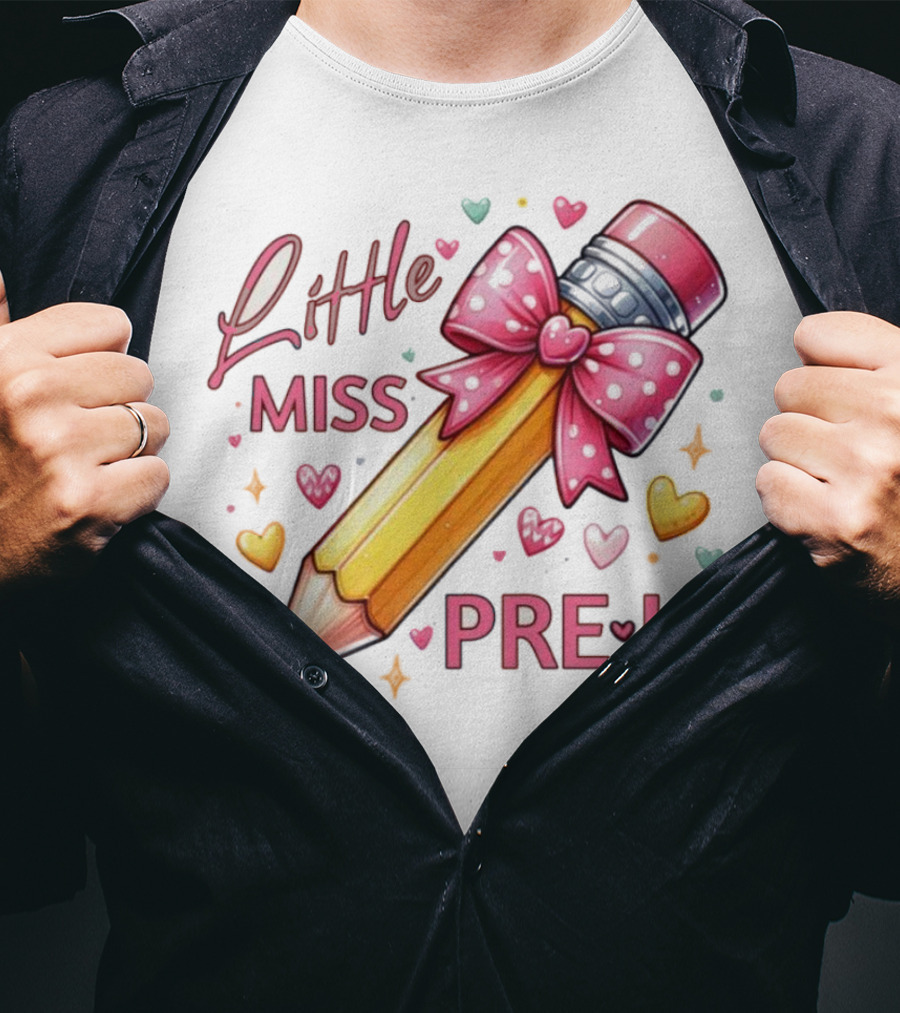 Little Miss Pre-K Pencil With Pink Bow And Hearts T-Shirt