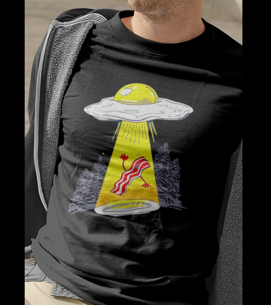 Wonder Nation Alien Breakfast Egg UFO Beaming Up A Walking Bacon Slice In Forest T-Shirt