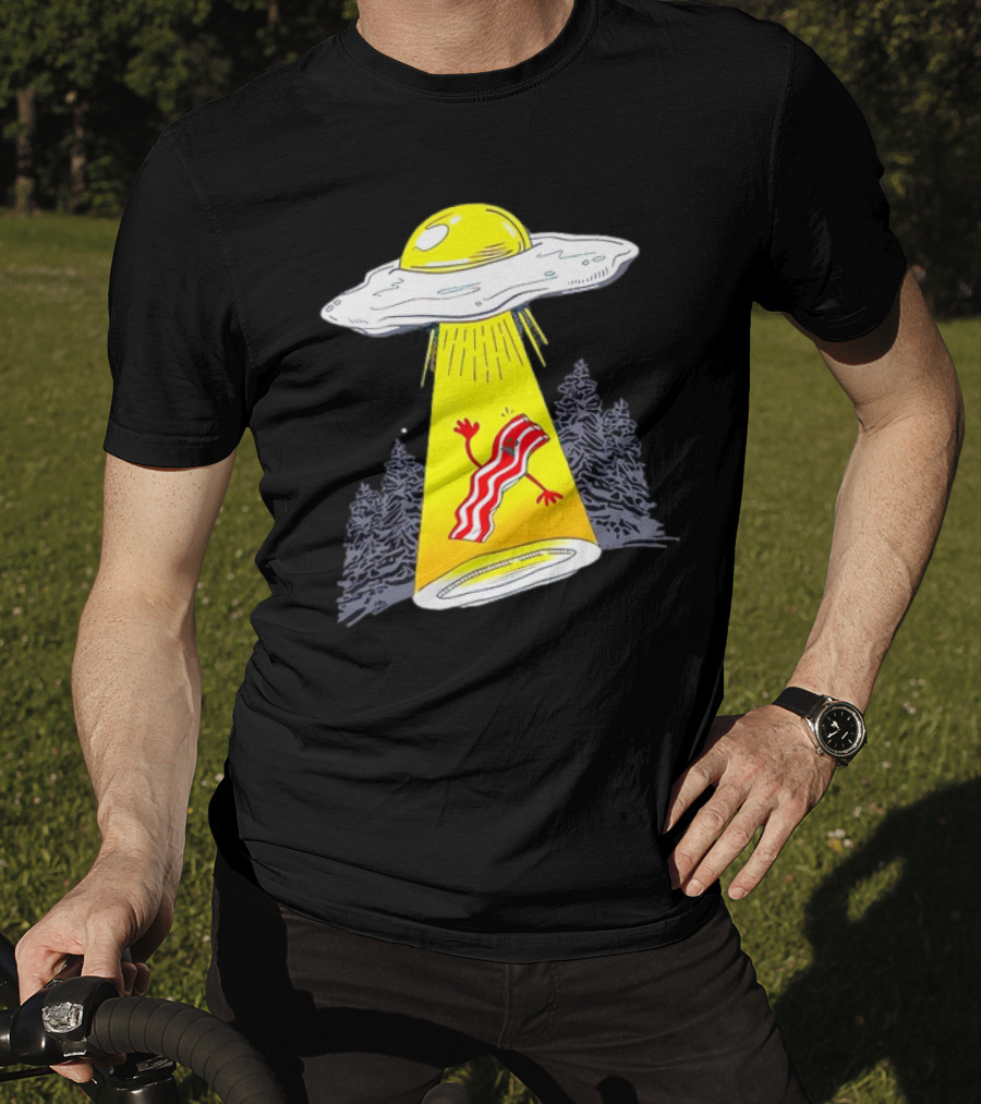 Wonder Nation Alien Breakfast Egg UFO Beaming Up A Walking Bacon Slice In Forest T-Shirt