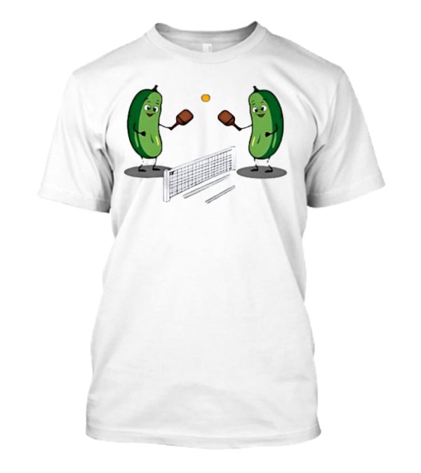 Pickles Playing Pickleball With Smiling Characters And Paddles T-Shirt