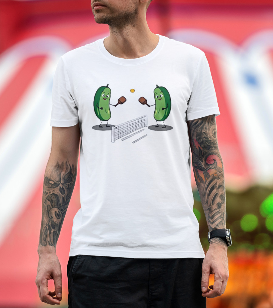 Pickles Playing Pickleball with Smiling Characters and Paddles T-Shirt