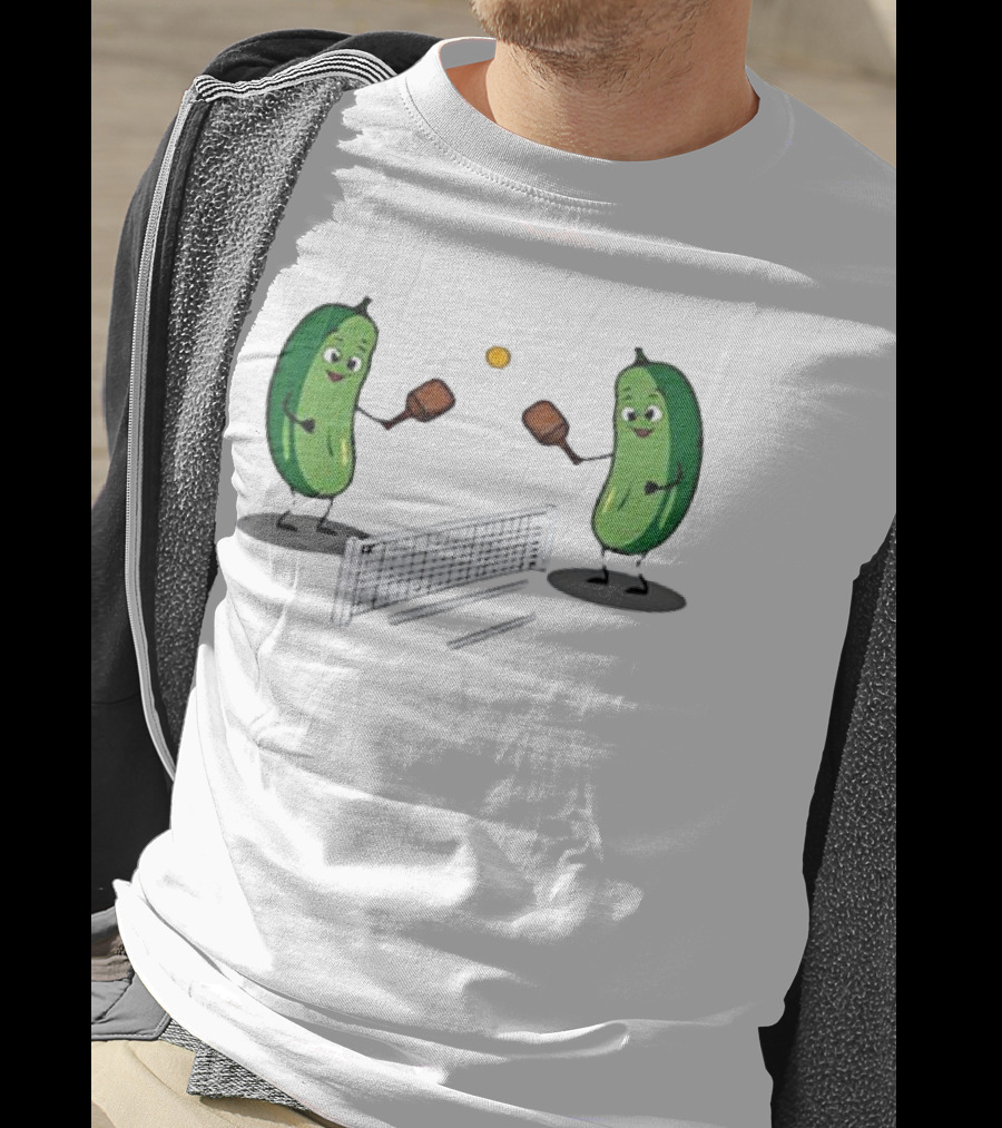 Pickles Playing Pickleball With Smiling Characters And Paddles T-Shirt