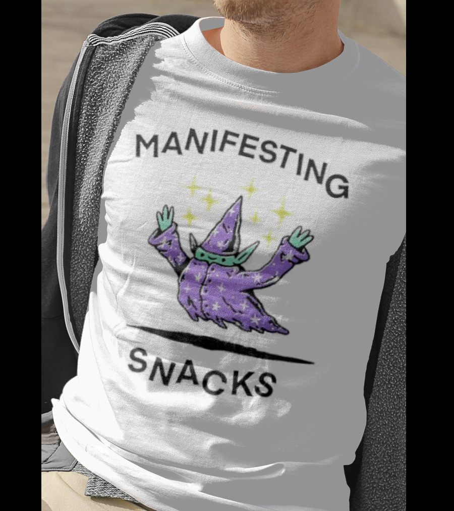 Manifesting Snacks Flying Wizard With Stars T-Shirt