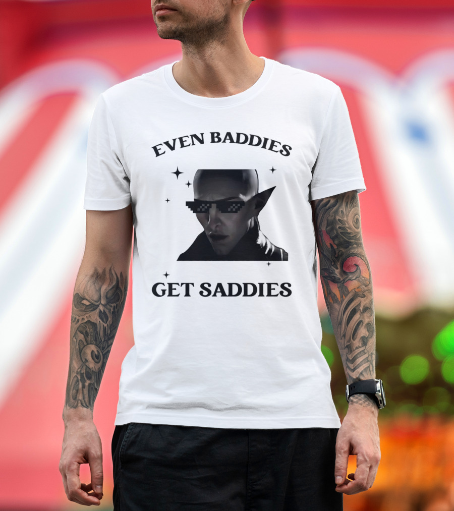 Even Baddies Get Saddies Pixelated Sunglasses Bald Elf Character T-Shirt