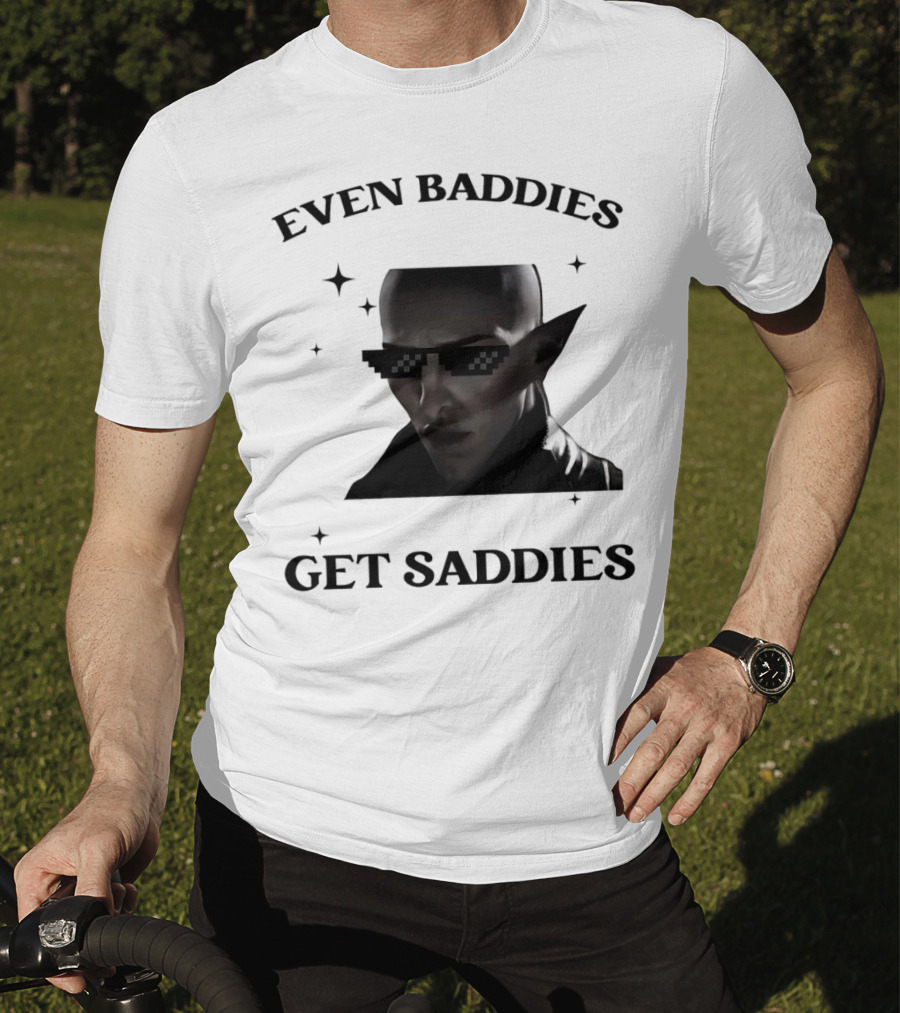 Even Baddies Get Saddies Pixelated Sunglasses Bald Elf Character T-Shirt