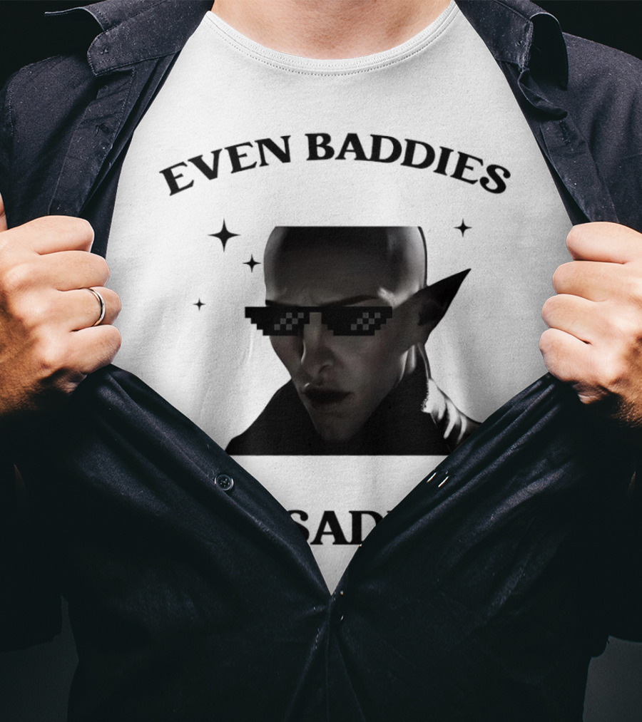 Even Baddies Get Saddies Pixelated Sunglasses Bald Elf Character T-Shirt